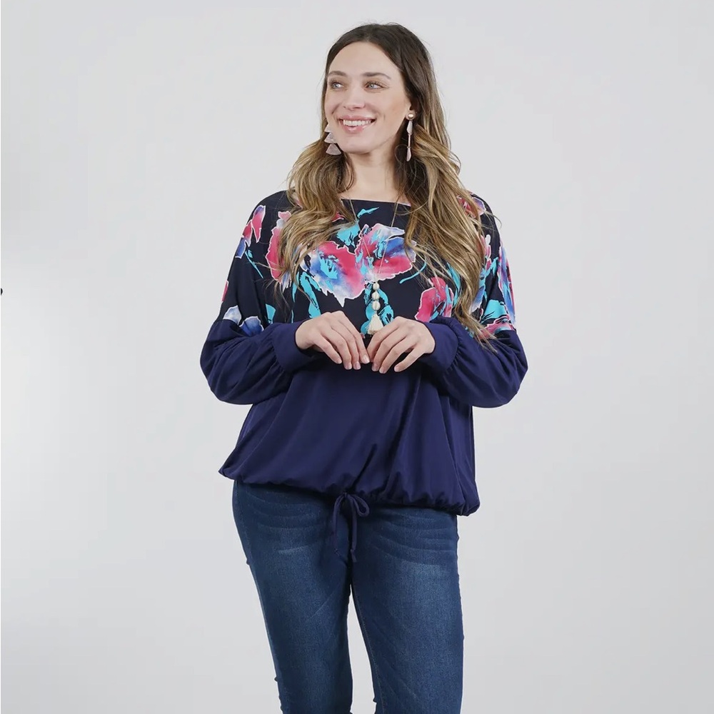 Oversized Dolman Long Sleeve Navy Pink Black Floral Top with Drawstring size 2XL
